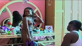 big titted ebony actress walks around naked on moive set at end of video